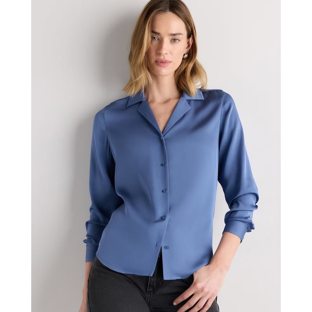 Quince Washable Stretch Silk Notch Collar Blouse Moonstone Blue XL New W/ Tags